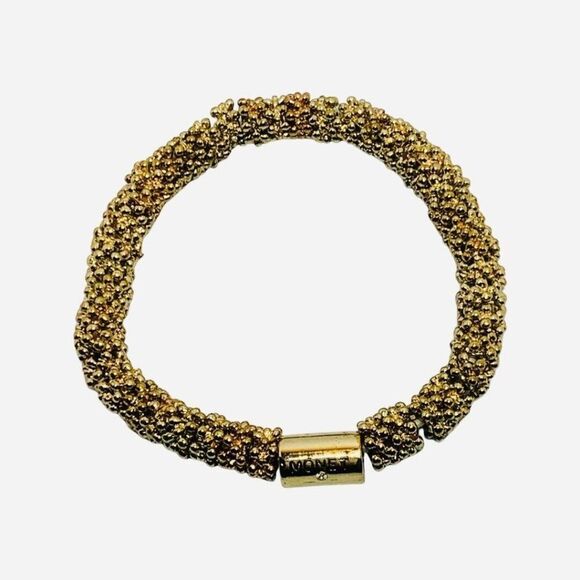 Vintage Monet Gold Tone Tube Beaded Roll On Stretch Bracelet Size 7" - Picture 3 of 6